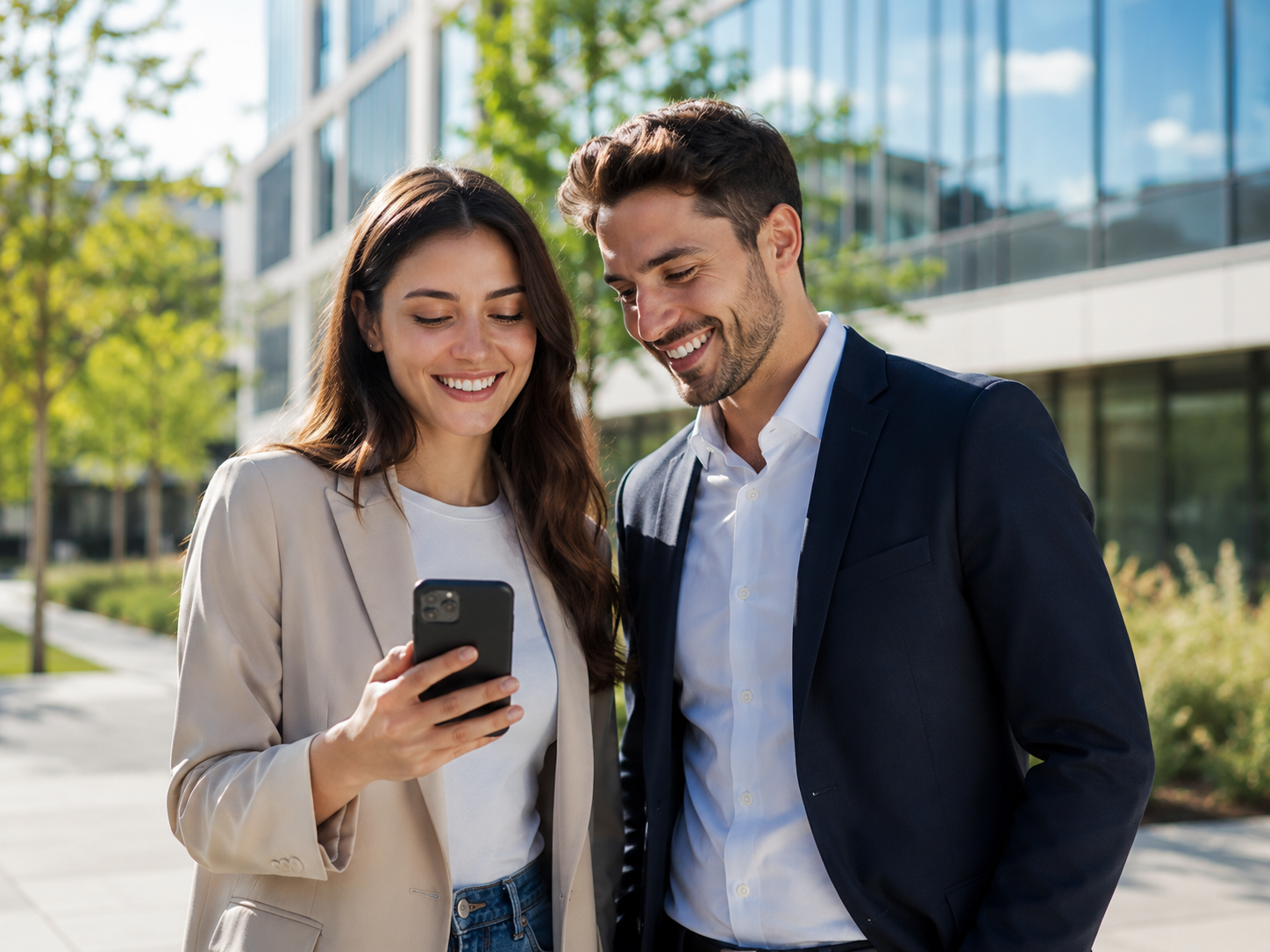 Two people using the Secur8ID app outside a modern office